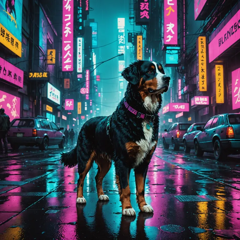 Generated cyberpunk cityscape with a Bernese mountain dog standing in neon-lit Tokyo street
